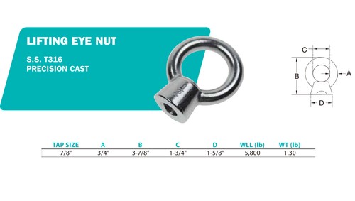 Stainless Steel 316 Lifting Eye Nut, UNC Tap, Size 1/4" to 1-1/4" - Picture 14 of 15