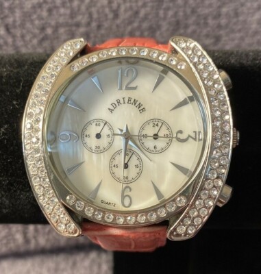 ADRIENNE Chronograph Watch, Large White Face, Pink Leather Band, 3 Mini Dials