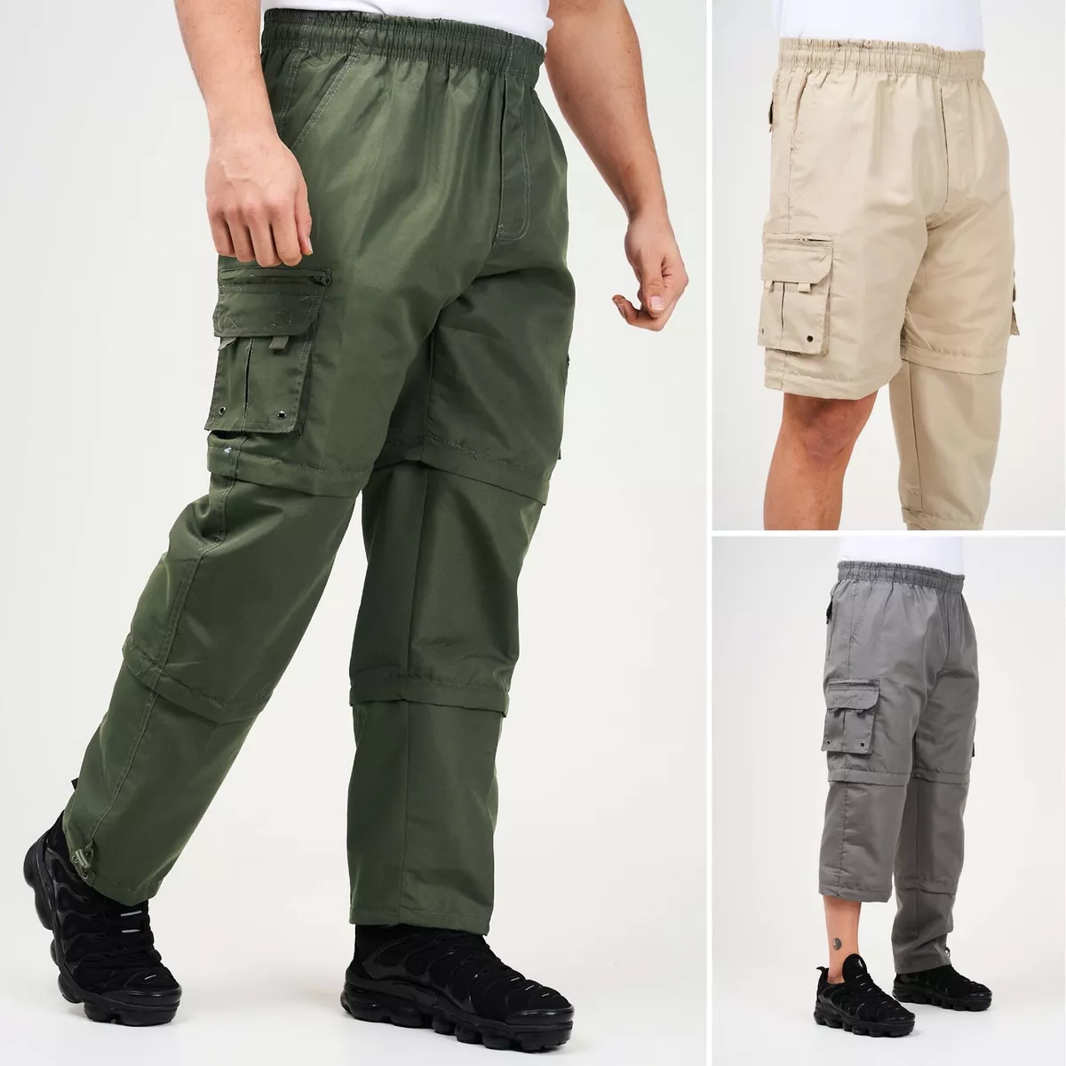 Mens Cargo Trousers 3 in 1 Zip Off 3/4 Shorts Elasticated Combat