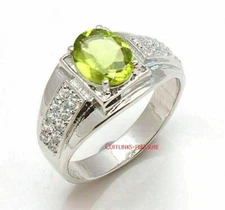 Natural Peridot & CZ Gemstones With 925 Sterling Silver Ring For Men's 