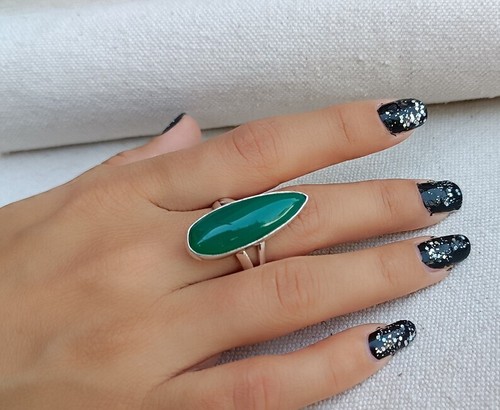 Green Onyx Ring, Handmade Ring, Green Onyx Jewelry, Statement Ring, Long Ring ,9 - Picture 6 of 12