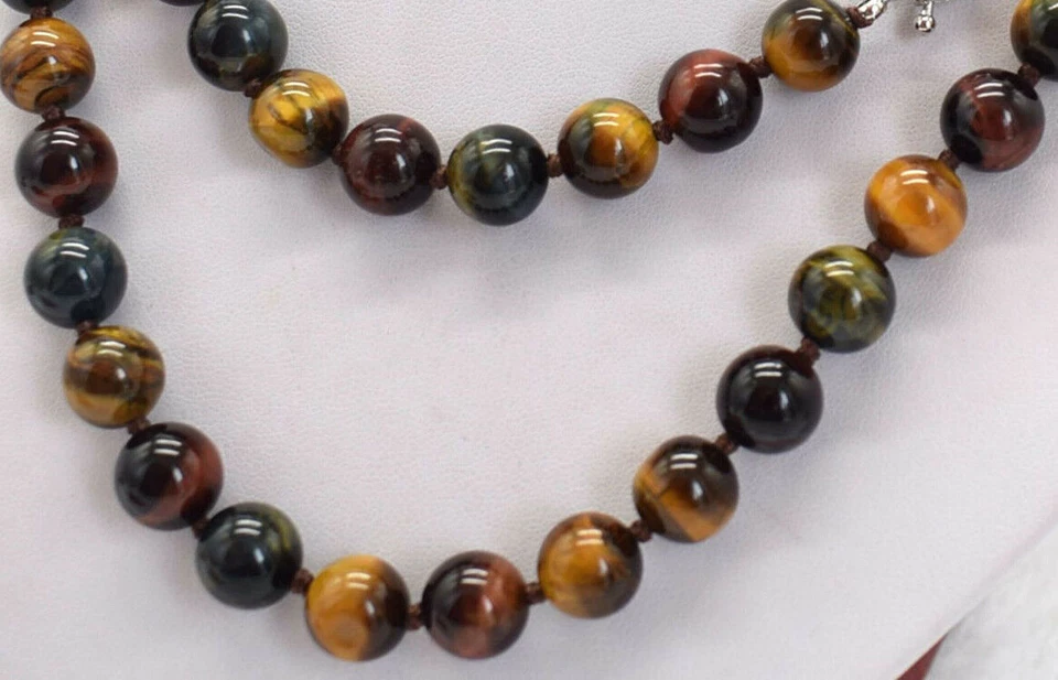 25/36/ 50" 6/8/10/12mm Tiger's Eye Gemstones Round Beads Knot Necklace Chatoyant - Image 4 of 4
