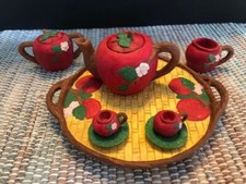 VTG Miniature Apple Tea Set Woven Wicker Look Round Tray Design FREE SHIPPING