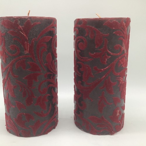Hobby Lobby 6” x 3” Burgundy Felt Trim Ornate Pillar Candle Set Of 2