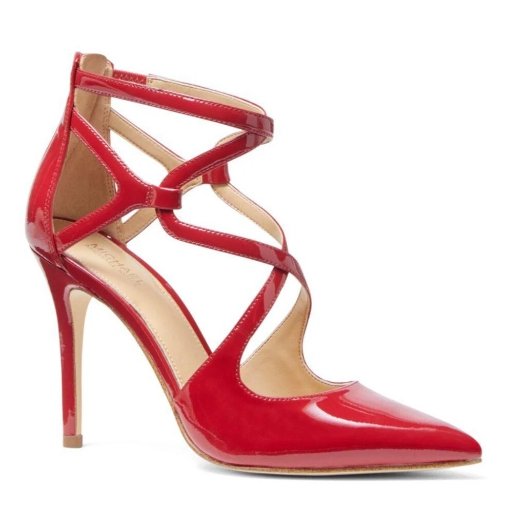 MICHAEL MICHAEL KORS Catia Red Pointed Toe Strappy Heels Patent