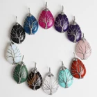 Natural Crystal Gemstone Teardrop Silver Wire Tree of Life Reiki Chakra Pendant