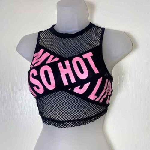 New Small Mesh I'm So Hot Pink Tape Crop Top Punk Grunge Retro Neon Black - 第 3/4 張圖片