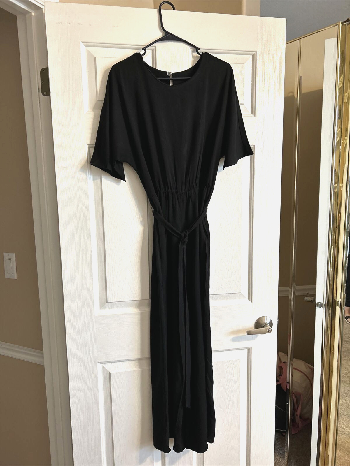 Asos Design Jumpsuit Black Wide Leg Short Sleeve Cut Out Back Belted Size 12