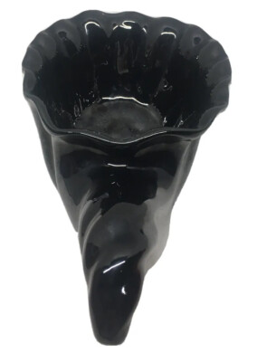 Halloween Cornucopia Decor Bowl 13x6.5 Pottery Glossy Black Light Candy Dish VTG