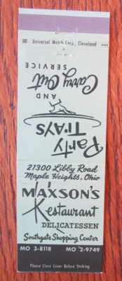 MAPLE HEIGHTS, OHIO MATCHBOOK COVER: MAXSON'S DELICATESSEN 1950s MATCHCOVER -D