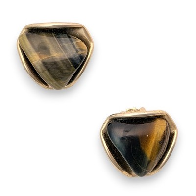 1950s Vintage Tiger Eye Stone Gold Tone Geometric Clip On Earrings Pair 7/8 in.