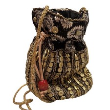 Indian Beaded Potli Bag Black Gold Embroidered Drawstring Pouch Evening Party