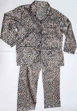 Leopard Print Satin Pajama Set Women's Sz M Pockets Button Long Sleeve