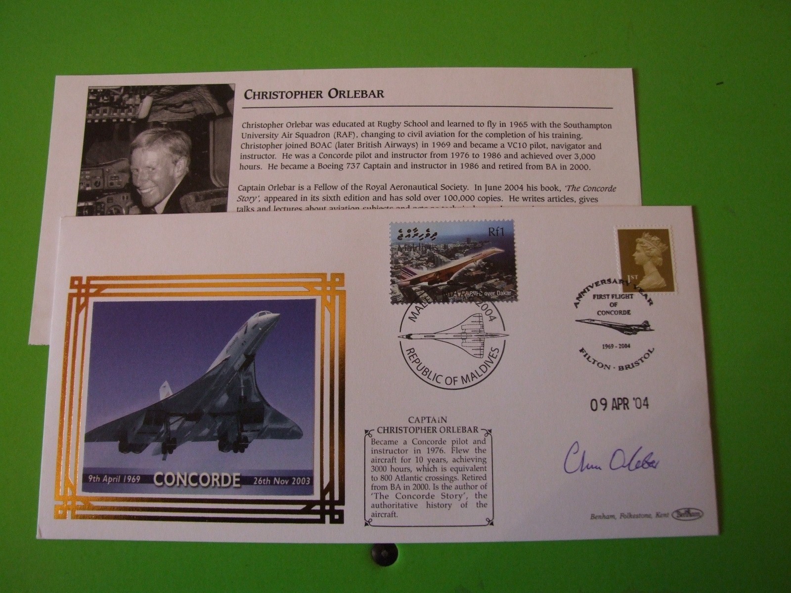 BENHAM FDC COVER CONCORDE SIGNED Capt CHRISTOPHER ORLEBAR - SEE POSTAGE ...