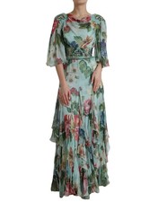 Dolce & Gabbana Blue Floral Print Tiered Long Maxi Women's Dress Authentic