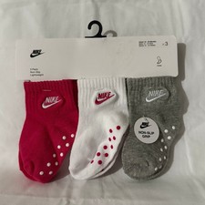 Nike Baby 3 Pk Pink White Grey Ankle No Slip Embroidery Logo Sock Set Sz 12-24 M
