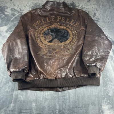 Pelle Pelle Marc Buchanan Brown Leather Jacket Size 62 Embellished Bomber Puma