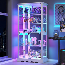 71in Glass Display Cabinet RGB LED Curio Shelf Collectibles Storage White