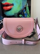 Versace La Medusa Pink Leather Gold Logo Front Flap Shoulder Crossbody Bag 1500