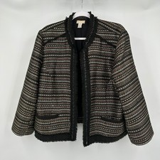 Chicos Women Metallic Tweed Jacket Size 3 US XL Professional Shimmer Fringe Trim