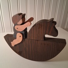 Vintage Wooden Toy Amish Boy Riding Rocking Horse, Boys Arms And Legs Move