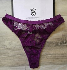 Vintage Victoria's Secret Purple Signature Waistband Sheer Lace Thong Panties S