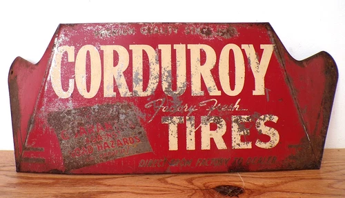 Vintage CORDUROY TIRES Metal Tire Stand Store Display Garage Sign, 21.5"x 7.5"