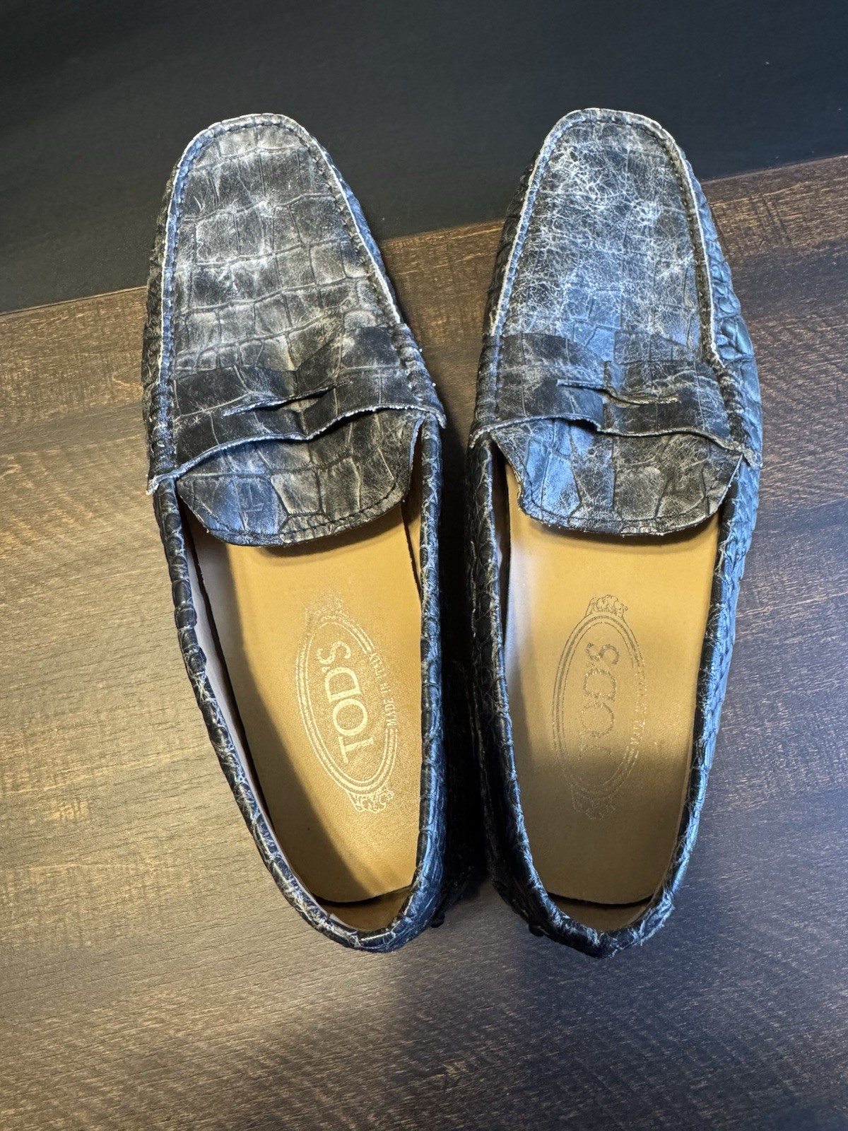 Tods Mens Gray Black Alligator Crocodile Loafers Size 8