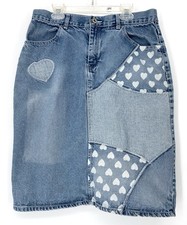 Vintage 1990s 2000s Y2K Patchwork Heart Denim Jean Midi Wiggle Skirt medium
