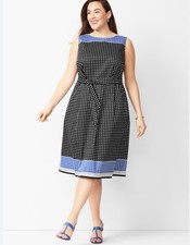 Talbots Geo Print Fit and Flare Dress Black White Blue Sleeveless Size 16 NWT