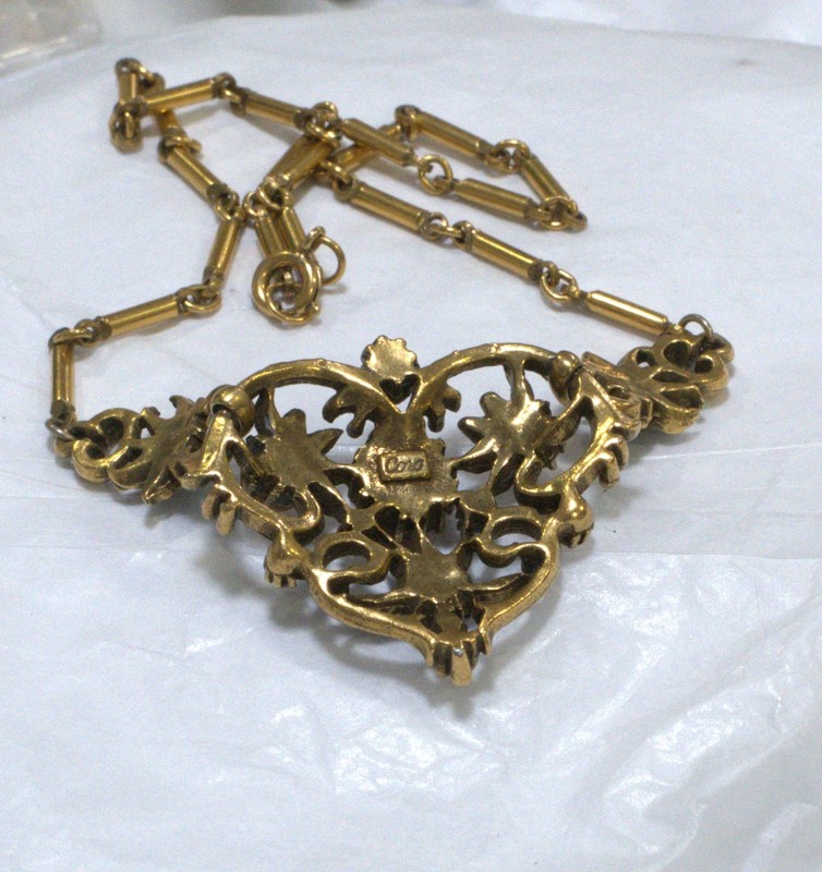 Coro VTG Burnished Gold Tone Open Work multicolor necklace.