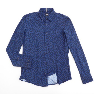 BOSS Mens Button Up Shirt Blue Roan Stretch Slim Fit Floral Size Small