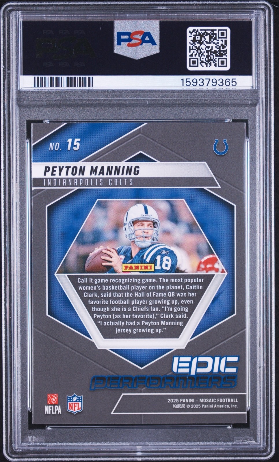 2025 Panini Mosaic Epic Performers Peyton Manning #15 PSA 10 Colts view 2
