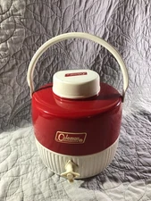 VTG Coleman Water Jug Cooler Drink Dispenser Red/White 1 Gallon Camping w/Cup