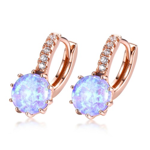 Mother's Day Gift Round Rainbow Fire Opal Gems Rose Gold Plated Dangle Earrings - Picture 4 of 10
