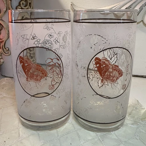 Vintage Anchor Hocking Butterfly And Rose Tumblers Set Of 2