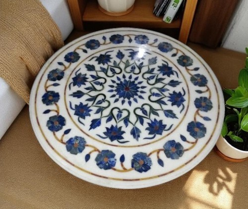 18" Weiß Rund Marmor Couchtisch Lapis Stein Floral Intarsien Kunst für Luxus Deko