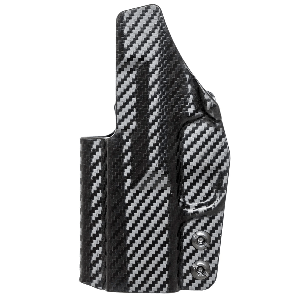 Black kydex CCW holster with textured diamond pattern, double stitching, and two side pockets on a red background.