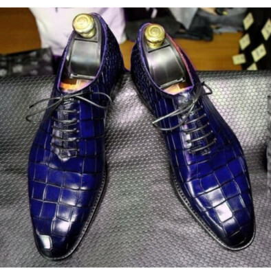 Handmade Mens Blue Alligators shoes, Men Crocodile Patterned dress shoes 
