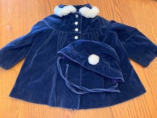 Vintage Girls Blue Coat And Hat with Pom Pom and Snow Pants Leather Straps