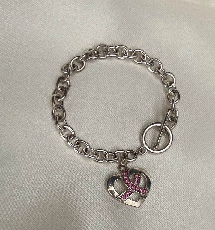 PULSERA ROSA CON ESTRÁS CONCIENTIZACIÓN SOBRE EL CÁNCER DE MAMA CON CORAZÓN 7”~VENTA DE NAVIDAD~ Foto 3 de 4