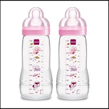 MAM Easy Active Bottle 11 oz 2-Count, Fast Flow Baby Bottles with Silicone 4+