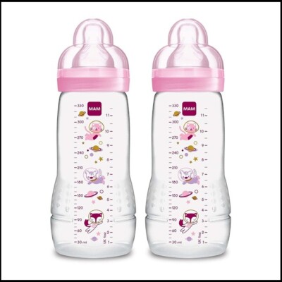 MAM Easy Active Bottle 11 oz 2-Count, Fast Flow Baby Bottles with Silicone 4+