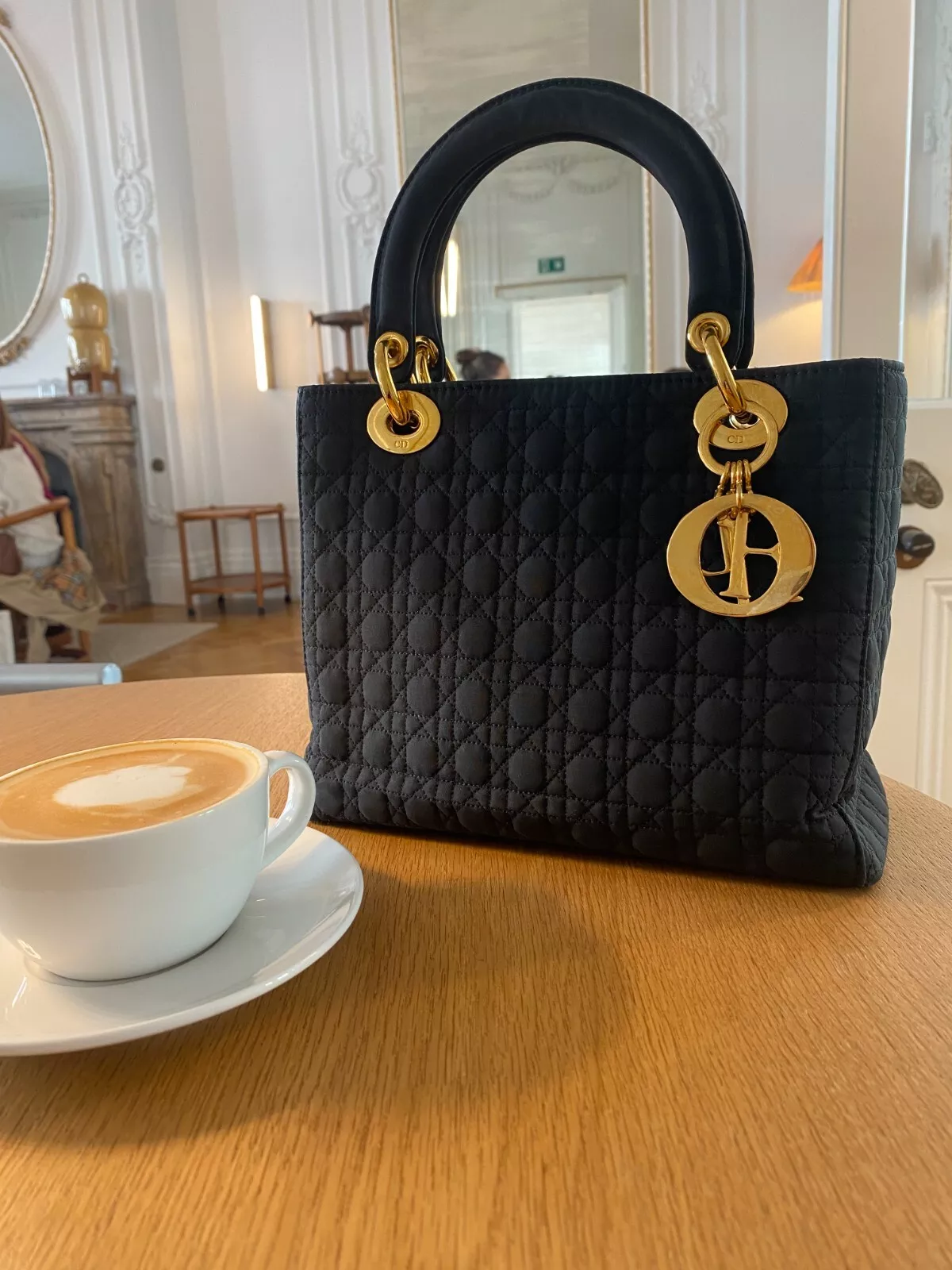 Sac Lady Dior, vintage, sac à main en toile noire, taille moyenne, authentique