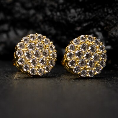 Circle Flower Set Gold Plated Iced Cz Round Cluster Stud Screw Back Earrings
