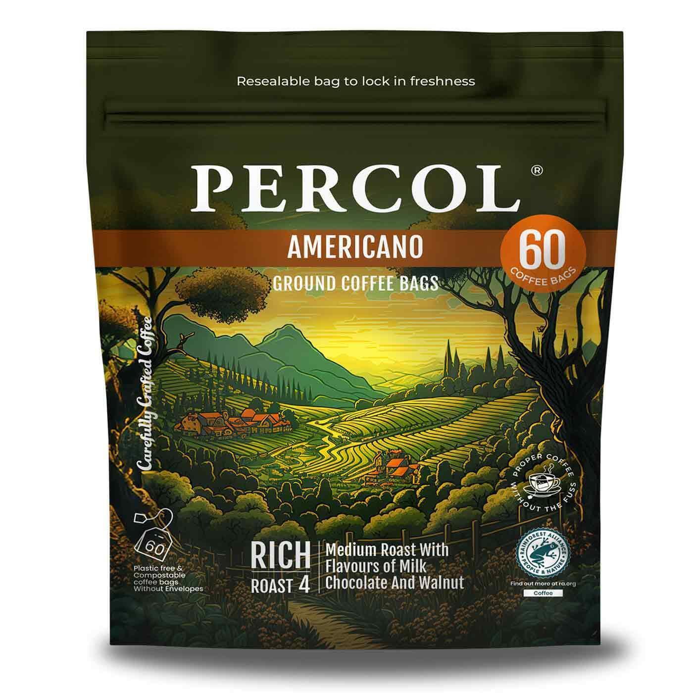 Percol Americano Medium Roast 100% Arabica Ground Coffee Bags Pack of 60 x 8g
