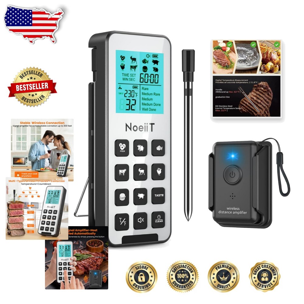 Wireless Meat Thermometer with 7 Pre-Set Temperatures and 300FT Remote Monitoring
