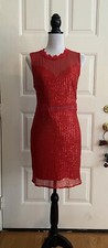NWT Eilly Bazar Red Sleeveless Sequin Dress Lace Collar See-Through Waist Sz L