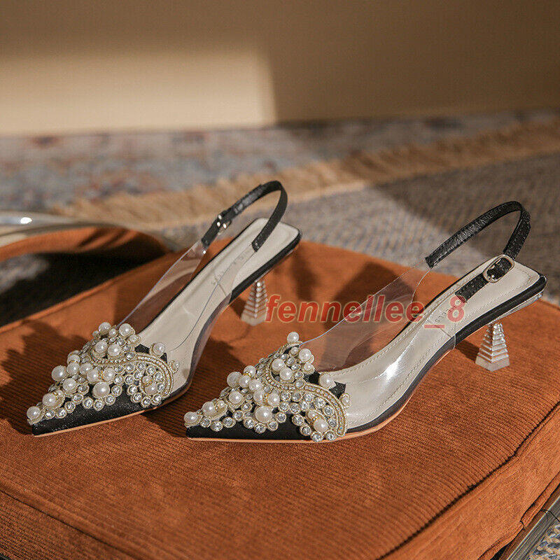 Women Pointed Toe Beaded Rhinestone Stiletto Heels Clear PVC Prom Shoes  Sandals