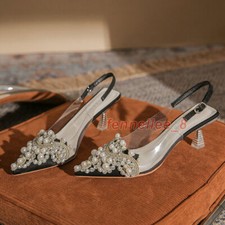 Women Pointed Toe Beaded Rhinestone Stiletto Heels Clear PVC Prom Shoes Sandals